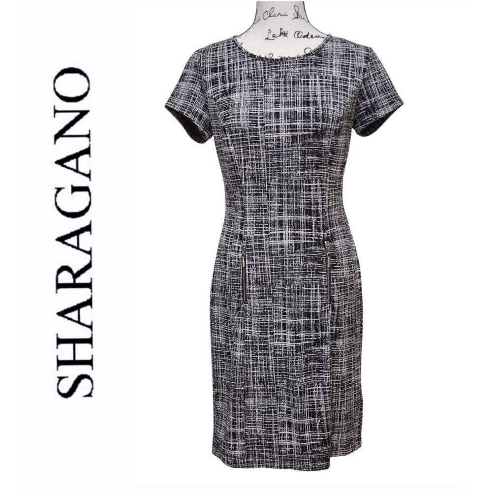SHARAGANO Black and White Grid Print Zipper Decor Shift Office Dress SIZE 4